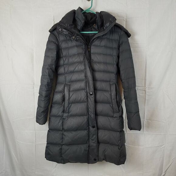 Andrew Marc Womens Gray Long Sleeve Hooded Long Puffer Jacket Size Small